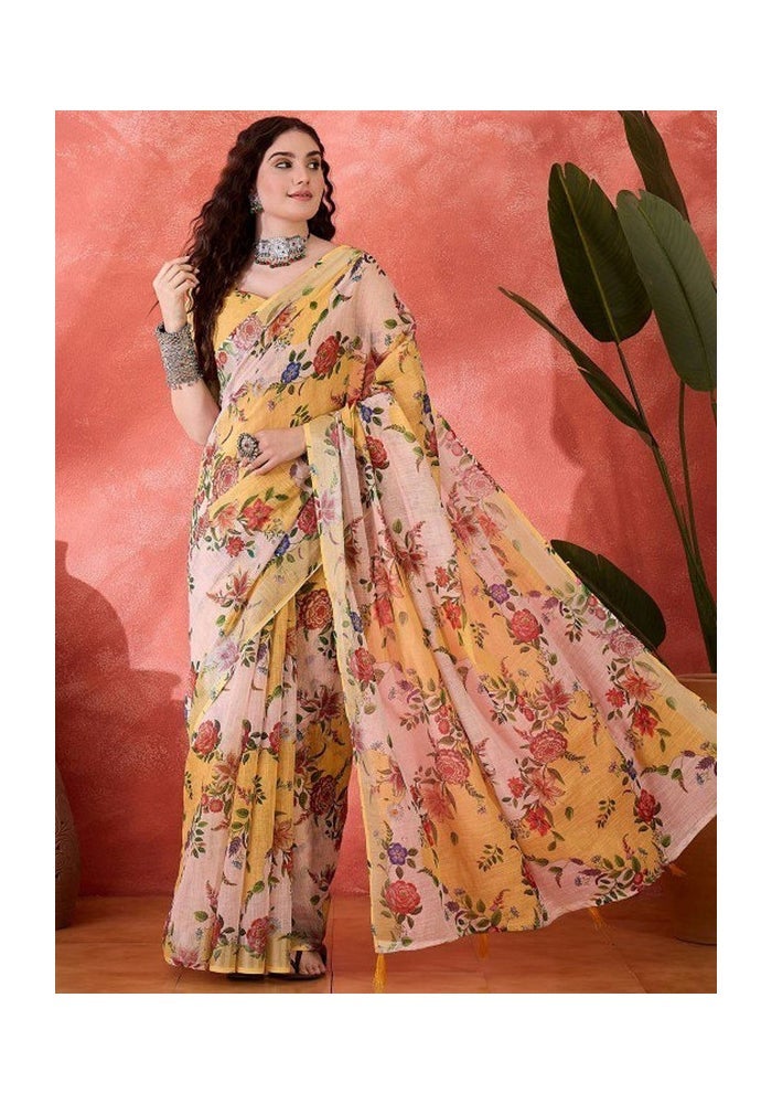 Malishka Export ساري قطن كتان أصفر مزخرف للنساء - Image 3